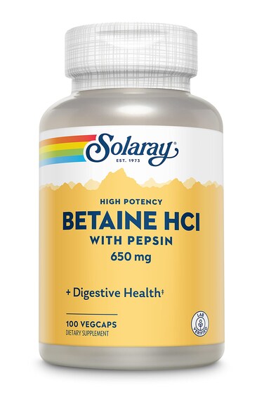 SOLARAYHigh Potency Betaine HCL with Pepsin Hydrochloric Acid Supplement for Digestive Health with Betaine Hydrochloride and Digestive Enzymes Gut Health Support 100 VegCaps