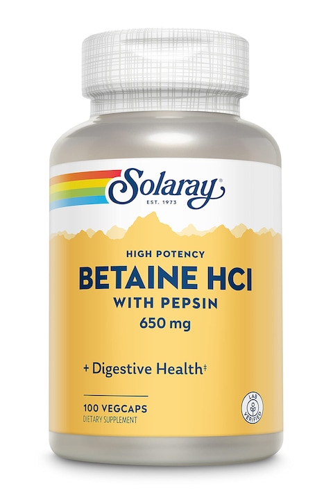 SOLARAYHigh Potency Betaine HCL with Pepsin  Hydrochloric Acid Supplement for Digestive Health  with Betaine Hydrochloride and Digestive Enzymes  Gut Health Support  60Day Guarantee 100 VegCaps
