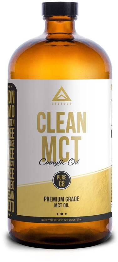 LevelUpClean MCT Oil  100 Caprylic C8 for Energy Focus Gut Health Brain Superfuel  Keto Supplement for Ketogenic Coffee and Ketones  NonGMO 32 oz Glass Bottle