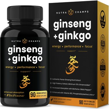 Korean Red Ginseng Root 1650mg  Ginseng and Ginkgo Biloba 120mg  Korean Red Panax Ginseng Capsules Double Strength  Vitamin B12 Acetyl LCarnitine Phosphatidylserine Black Pepper  Energy Focus