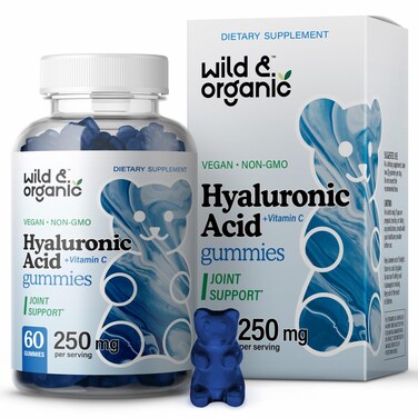 Wild OrganicHyaluronic Acid Gummies 250mg Pure Hyaluronic Acid Supplements for Joints Hair Skin and Nails Gummies with Hyaluronic Acid Powder 60 Vegan Chews with Vitamin C Hyaluronic Acid