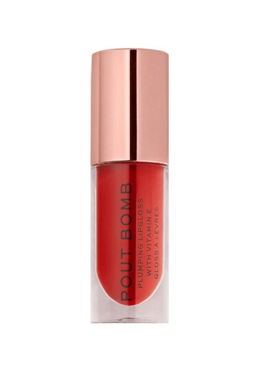 Revolution Beauty Pout Bomb Plumping Lip Gloss High Shine Rich Glossy Pigment Infused with Vitamin E Juicy Red 015 Fl Oz