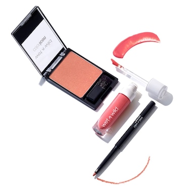 wet n wild Edit Makeup Set Peaches And Cream MegaLast Liquid Catsuit Peach Style Color Icon Blush Pearlescent Pink Perfect Pout Gel Lip Liner Think Flamingo