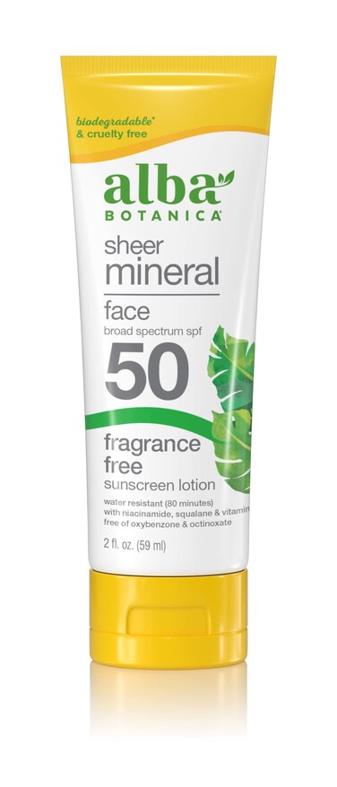 Alba BotanicaSunscreen for Face FragranceFree Sheer Mineral Face Sunscreen Lotion Broad Spectrum SPF 50 Water Resistant and Biodegradable 2 fl oz Bottle