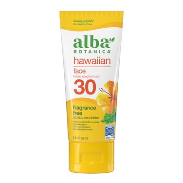 Alba Botanica Sunscreen for Face FragranceFree Hawaiian Face Sunscreen Lotion Broad Spectrum SPF 30 Water Resistant and Biodegradable 3 fl oz Bottle