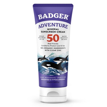 BadgerMineral Sunscreen SPF 50 Zinc Oxide Sunscreen with 98 Organic Ingredients ReefSafe BroadSpectrum Hypoallergenic Water Resistant Unscented Adventure Sport Sunscreen 29 fl oz