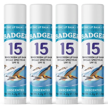 BadgerSunscreen Lip Balm SPF 15 Organic Mineral Sunscreen SPF Lip Balm with Zinc Oxide Reef Friendly Broad Spectrum Water Resistant Unscented 15 oz 4 Pack