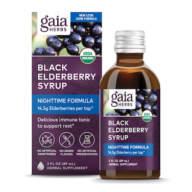 Gaia HerbsBlack Elderberry NightTime Syrup  Immune Support Supplement  with Organic Black Elderberries California Poppy  Lemon Balm for Restful Sleep  Immune Defense  3 Fl Oz 18Day Supply