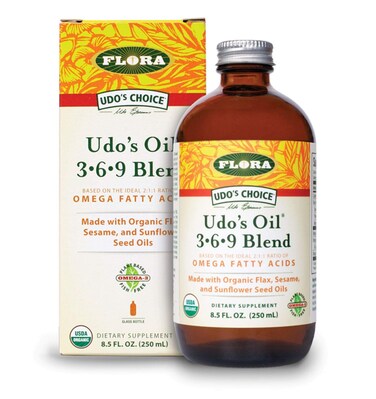 Flora  Udos Choice Omega 369 Oil Blend Made with Organic Flax Sesame  Sunflower Seed Oils PlantBased Vegan Omega Fatty Acids Based on Ideal 211 Ratio 85fl oz Glass Bottle