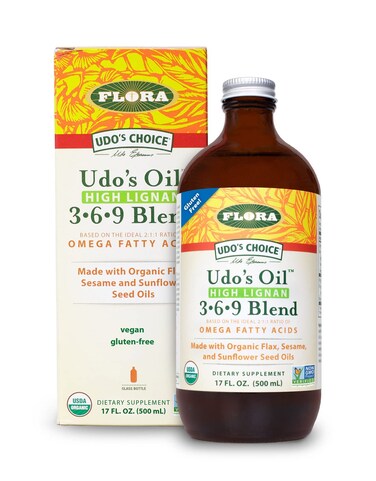 Flora  Udos Choice HighLignan 369 Omega Oil Blend Udos Oil Balanced 211 Ratio of Omega Fatty Acids Made with Organic Flax Sesame  Sunflower Seed Oils 17oz Glass Bottle