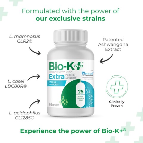 Bio K Extra Stress Support with Sensoril  Vegan Probiotic Supplement for Everyday Stress Relieving Sleeplessness with 25 Billion CFU 3 Strains  60 Capsules