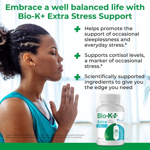 Bio K Extra Stress Support with Sensoril  Vegan Probiotic Supplement for Everyday Stress Relieving Sleeplessness with 25 Billion CFU 3 Strains  60 Capsules