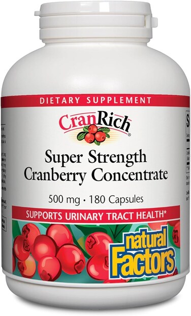 Natural FactorsCranRich Super Strength 361 Cranberry Concentrate 500 mg SugarFree Whole Fruit Cranberry Pills for Urinary Tract Health 180 Count Pack of 1