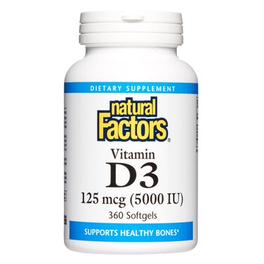 Natural FactorsVitamin D3 5000 IU 125 mcg Supports Strong Bones Muscles and Immune Function 360 Softgels