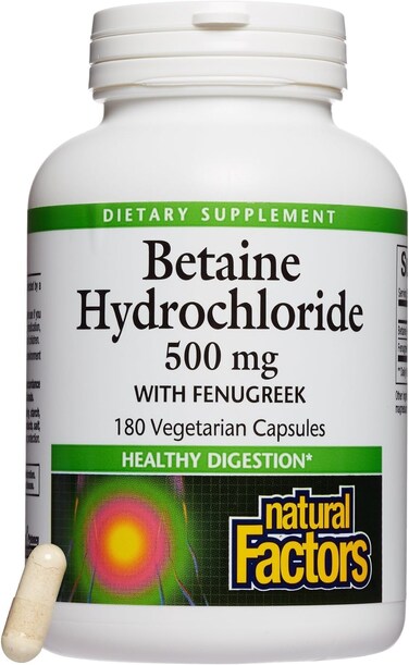 Natural Factors Betaine HCL 500 mg Supports Healthy Digestion and a Healthy Microbiome 180 capsules 180 servings