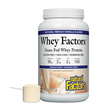 Whey Factors by Natural Factors Grass Fed Whey Protein Concentrate Aids Muscle Development and Immune Health French Vanilla 2 lb