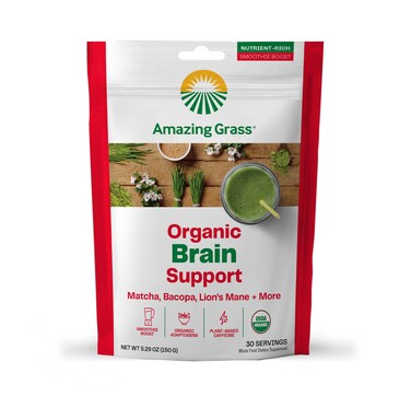 Amazing Grass Brain Booster Smoothie Mix Greens Powder with Lions Mane Matcha Bacopa  Plant Based Caffeine Smoothie Booster Nootropics Support 30 Servings