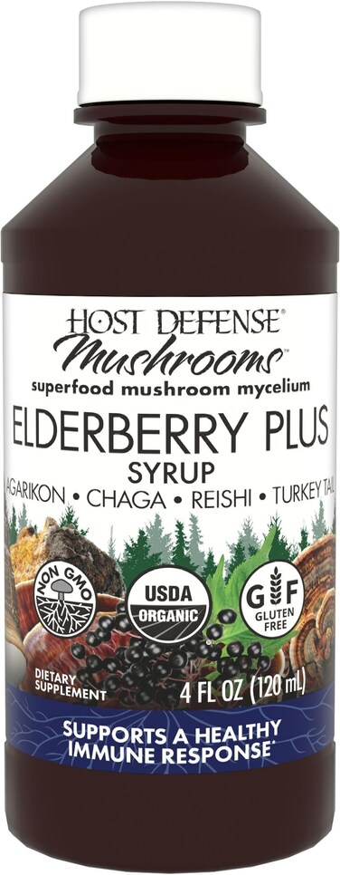 Host DefenseElderberry Plus Syrup  Immune  Respiratory Supplement  Liquid Mushroom Supplement with Turkey Tail Reishi Agarikon  Chaga  Lung Support Supplement  4 fl oz 12 Servings