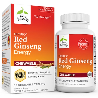 Terry NaturallyHRG80 Red Ginseng Energy  30 Chewable Tablets  Red Ginseng Root Powder Panax Ginseng HRG80  NonGMO Vegan Gluten Free  30 Servings