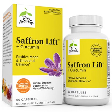 Terry NaturallySaffron Lift  Curcumin  Herbal Supplement with Curcumin  NonGMO Saffron  Brain Curcumin Capsules  Concentration  Relaxation Support Supplement  60 Capsules