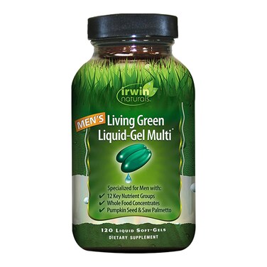 Irwin NaturalsMens Living Green LiquidGel Multi  70 Essential Nutrients FullSpectrum Vitamins Wholefood Blend  Targeted Adrenal  Brain Support  120 Liquid Softgels