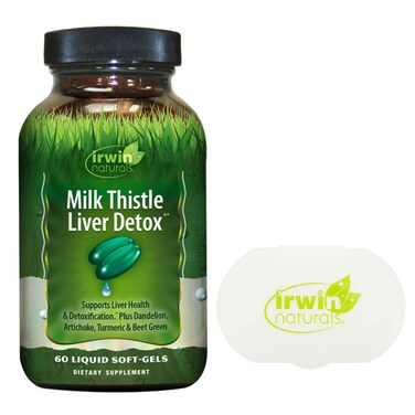 Irwin NaturalsMilk Thistle Liver Detox Supplement with Dandelion Turmeric Root Artichoke Extract and Beet Root 60 Liquid Softgels with Pill Case Cleanse Formula Supplements Liver Health