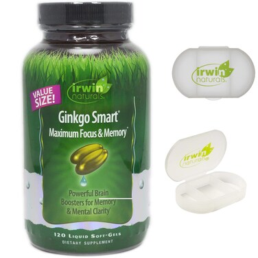 Irwin Naturals Ginkgo Smart Brain Booster for Memory  Focus 120 Liquid Softgels with Pill Case