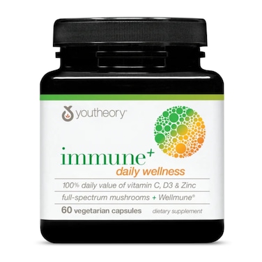 Youtheory Immune Daily Wellness  Vegetarian Immune Support Supplement with Vitamin C Vitamin D3  Zinc  Mushroom Supplement with Turkey Tail Cordyceps  Reishi  60 Vegetarian Caps