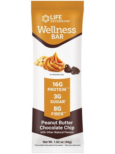 Life ExtensionWellness Bar Peanut Butter Chocolate Chip  16 g of Protein 8 g of Fiber 3 g of Sugar  Cacao Chocolate Chips Whey Protein Isolate Blend  Snack Bars GlutenFree  Individually Wrapped 6 Bars