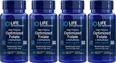 Life Extension High Potency Optimized Folate 8500 mcg DFE 30 Vegetarian Tablets Pack of 4