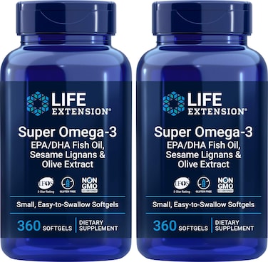 Life ExtensionSuper Omega3 360 Softgels Pack of 2 Easy to Swallow EPADHA Omega3 Fish Oil Sesame Lignans  Olive Extract