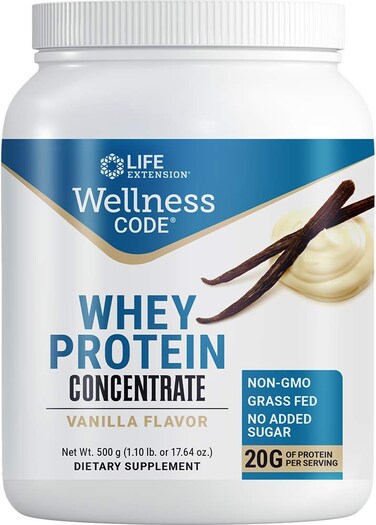Life ExtensionWellness Code Whey Protein Concentrate 20g Muscle Growth  Immune Health  Sourced From GrassFed FreeRange HormoneFree Cows NonGMO No Added Sugar Vanilla 500g