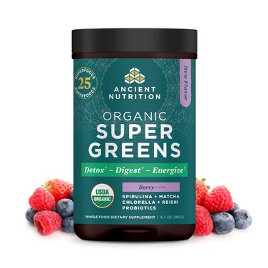 Ancient NutritionSuperGreens Powder with Probiotics Organic Berry Flavor Greens Made from Real Fruits Vegetables and Herbs Digestive and Energy Support 25 Servings 67oz