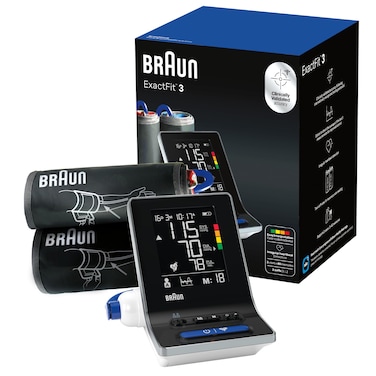 Braun ExactFit 3 Blood Pressure Monitor for Home Use  Accurate Blood Pressure Machine ColorCoded Results Large Display High BP Monitor 2 Upper Arm Cuff Sizes 80 Memory Slots FSAHSA Eligible