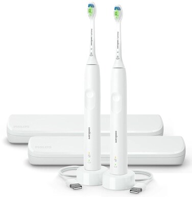 PHILIPSSonicare Electric Toothbrush with DiamondClean Brush Head 2Pack Bundle Rechargeable Electric Tooth Brush with Pressure Sensor Sonic Electronic Toothbrush Travel Case White