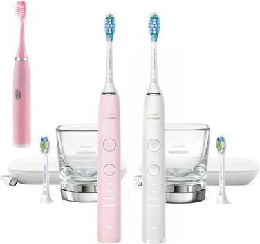 PHILIPSSonicare DiamondClean 9000 Connected Rechargeable Electric Power Toothbrush 2Pack Pink  White  Bluetooth 3 Intensities 2 Weeks Operating time Charging Travel Case