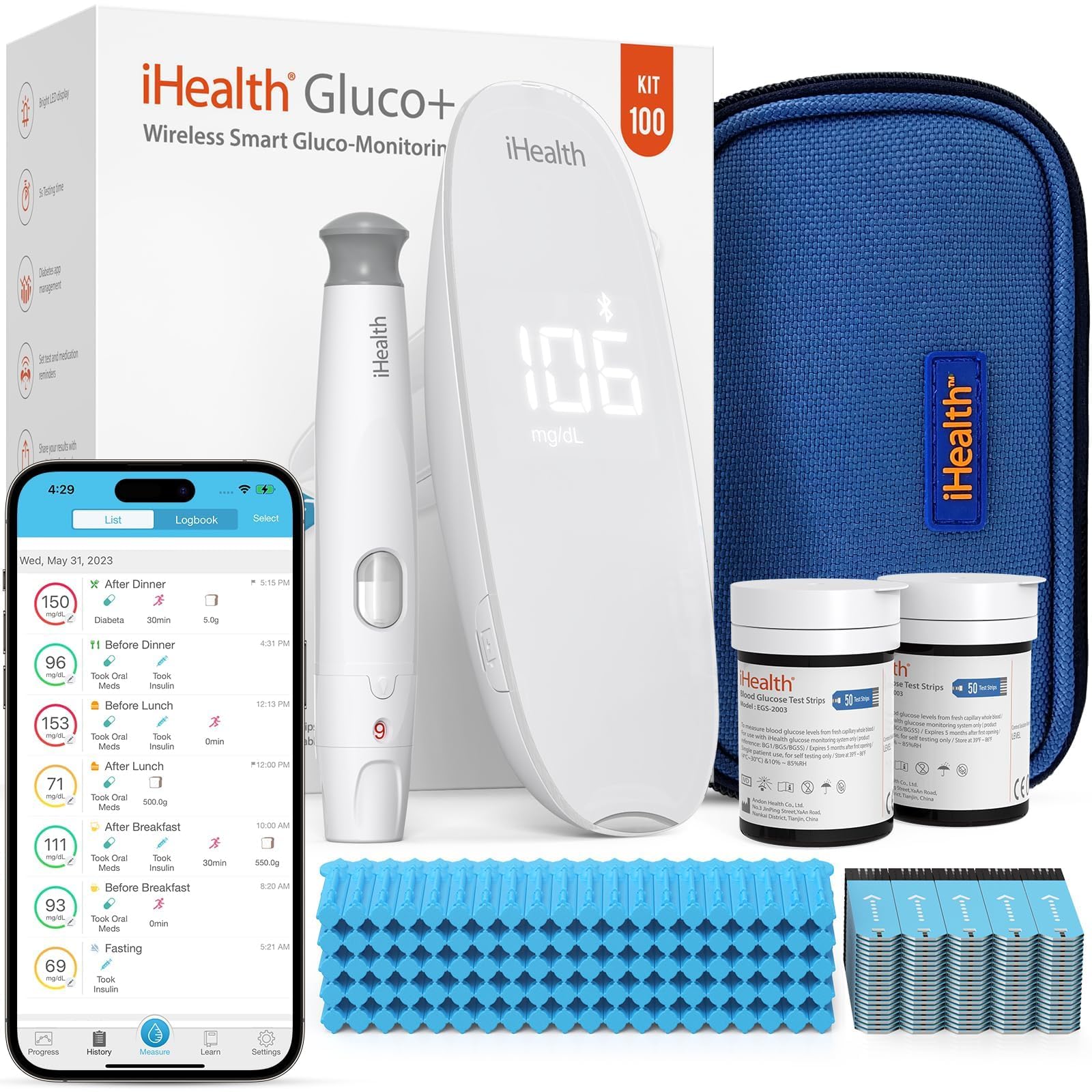 Buy iHealth Gluco Wireless Smart Blood Glucose Monitor Kit with Free ...