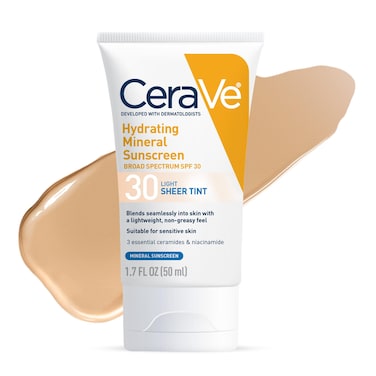CeraVeHydrating Mineral Sunscreen SPF 30 with Sheer Tint  Tinted Mineral Sunscreen with Zinc Oxide  Titanium Dioxide  Blends Seamlessly For Healthy Glow  Light 17 Fluid Ounce