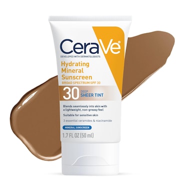 CeraVeHydrating Mineral Sunscreen SPF 30 with Sheer Tint  Tinted Mineral Sunscreen with Zinc Oxide  Titanium Dioxide  Blends Seamlessly For Healthy Glow  Deep 17 Fluid Ounce