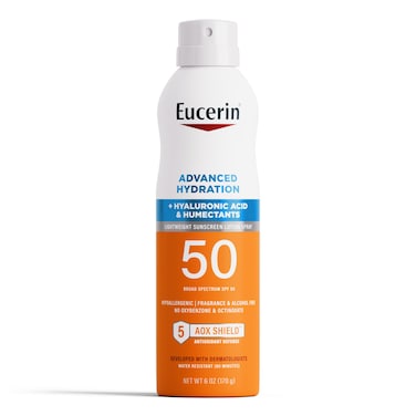 EucerinAdvanced Hydration SPF 50 Sunscreen Spray Lightweight Sunscreen Lotion Spray Hypoallergenic Fragrance Free and Alcohol Free 6 Fl Oz Spray Bottle