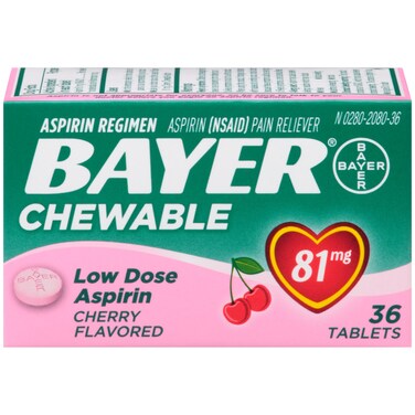 Aspirin Regimen Bayer 81mg Chewable Tablets Pain Reliever Cherry 36 Count