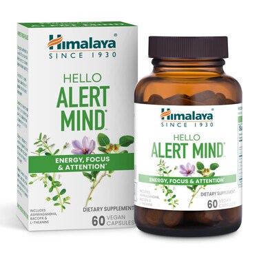 HimalayaHello Alert Mind with Ashwagandha Bacopa LTheanine Vitamin B6  B12 for Energy Focus  Attention Vegan Gluten Free 60 Capsules
