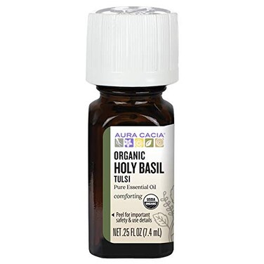 Aura Cacia 100 Holy Basil Tulsi Essential Oil  Certified Organic GCMS Tested for Purity  74 ml 025 fl oz  Ocimum Sanctum