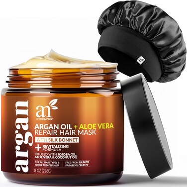 Artnaturals Argan Hair Mask Conditioner  Satin Bonnet Set  8 Oz226g  Deep Conditioning Treatment  Jojoba Oil Aloe  Keratin  Repair Dry Damaged Color Treated Hair Growth  Sulfate Free