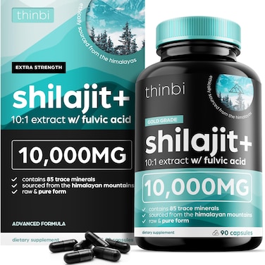 Thinbi Pure Himalayan Shilajit 10000mg Maximum Potency Organic Capsules 90 Count with Fulvic Acid  Trace Minerals for Enhanced Energy and Immune Support Men  Women Better Than Shilajit Resin