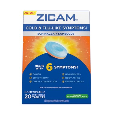 Zicam Cold  FluLike Symptoms with Echinacea and Sambucus Homeopathic Zinc Cooling Peppermint Flavor Helps with Cold Symptoms 20 Tablets