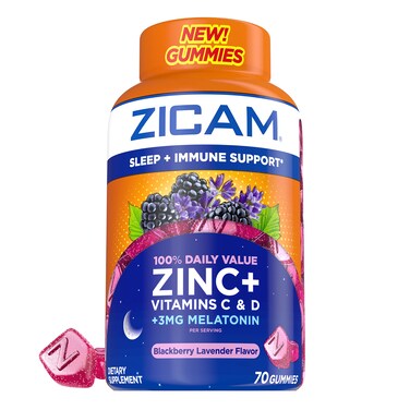Zicam Sleep  Immune Support Zinc Gummy Supplement Blackberry Lavender Flavor Vitamin C and Vitamin D 3mg Melatonin per serving 70 Count