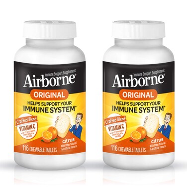 Vitamin C 1000mg per Serving Airborne Citrus Chewable Tablets 116ct GlutenFree Immune Support Supplement with Vitamins A C E ZINC Selenium Echinacea  Ginger Antioxidants Pack of 2