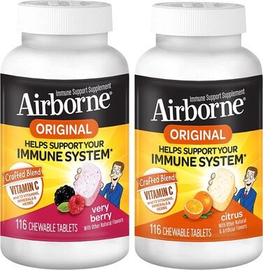 Airborne 1000mg Vitamin C Chewable Tablets Citrus  Very Berry Flavor Combo Flavor Pack of 2
