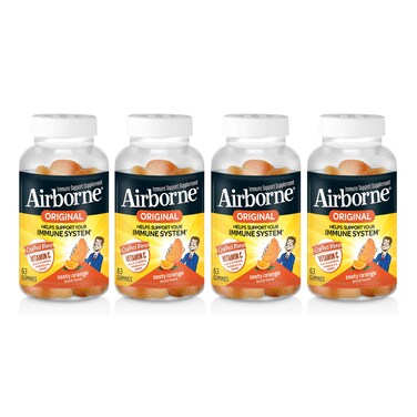 Airborne Vitamin C 750mg per Serving Zesty Orange Gummies 63 Count in a Bottle GlutenFree Immune Support Supplement with Vitamins C E Selenium Pack of 4